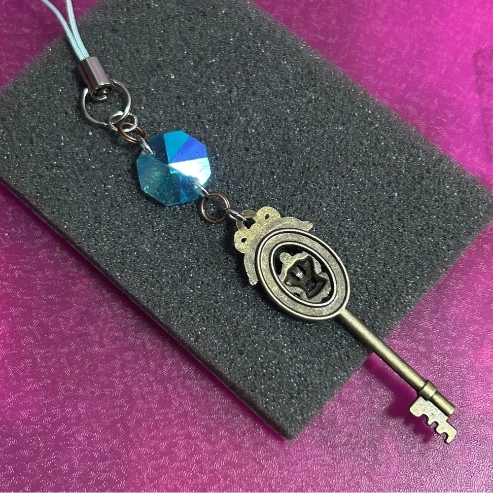 Keychain Crown Hair-bow Metal Key Blue Crystal Bead Bag or Cellphone Charm
